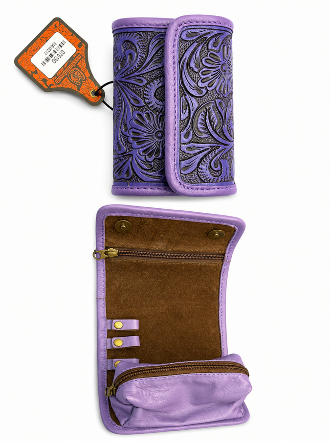 Tooled Leather Compact Jewelry Case: Purple