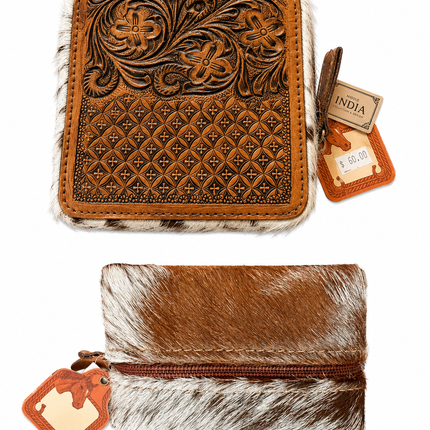 Square Hair on Hide with Tooled Leather Top Jewelry Case: Brown