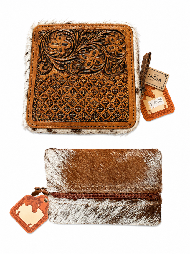 Square Hair on Hide with Tooled Leather Top Jewelry Case: Brown