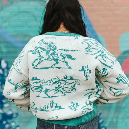 PS. Ivory Mint Western Printed Ribbed Hem Wrist Sweatshirt: 3XL