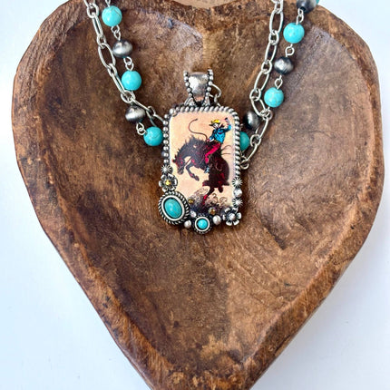 18" 2 Layered Navajo Pearl Turquoise Stone Pendant Necklace: Rodeo