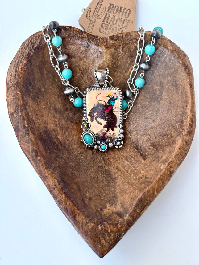 18" 2 Layered Navajo Pearl Turquoise Stone Pendant Necklace: Rodeo