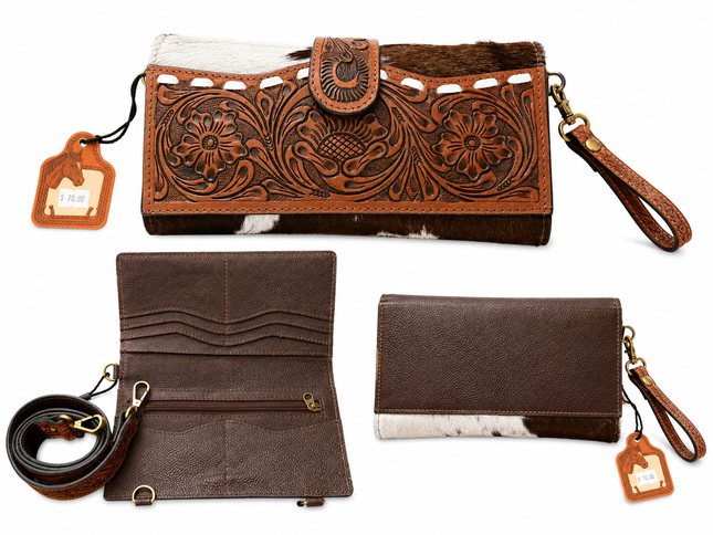 Tooled Leather with Hair on Hide Wristlet/Crossbody