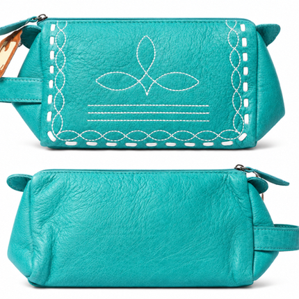 Leather Toiletry Bag with Boot Stitch: Turquoise