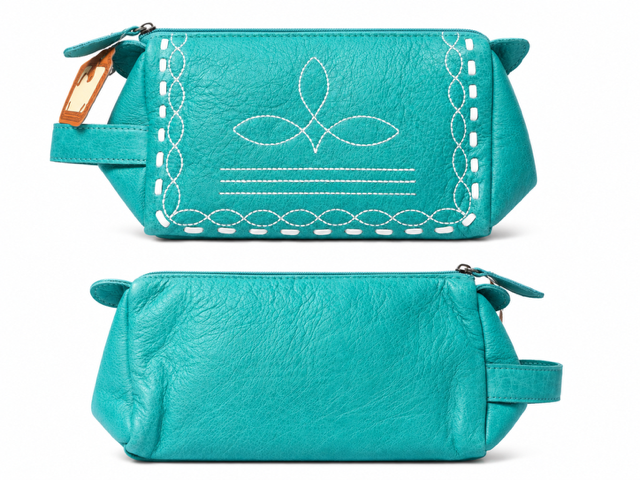 Leather Toiletry Bag with Boot Stitch: Turquoise