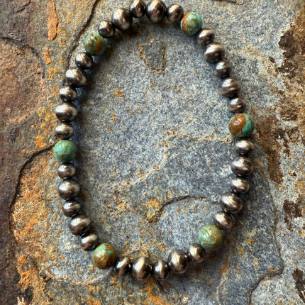 5 and 6mm Kingman Turquoise Sterling Silver Pearl Bracelet