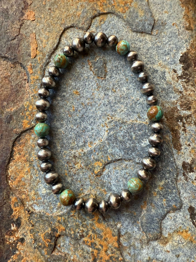 5 and 6mm Kingman Turquoise Sterling Silver Pearl Bracelet