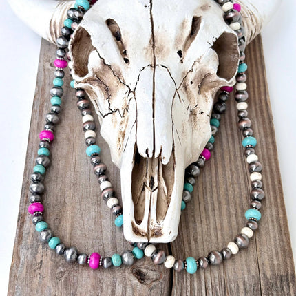 18" Western Style Turquoise Stone & Navajo Pearl Beads Necklace: Silver