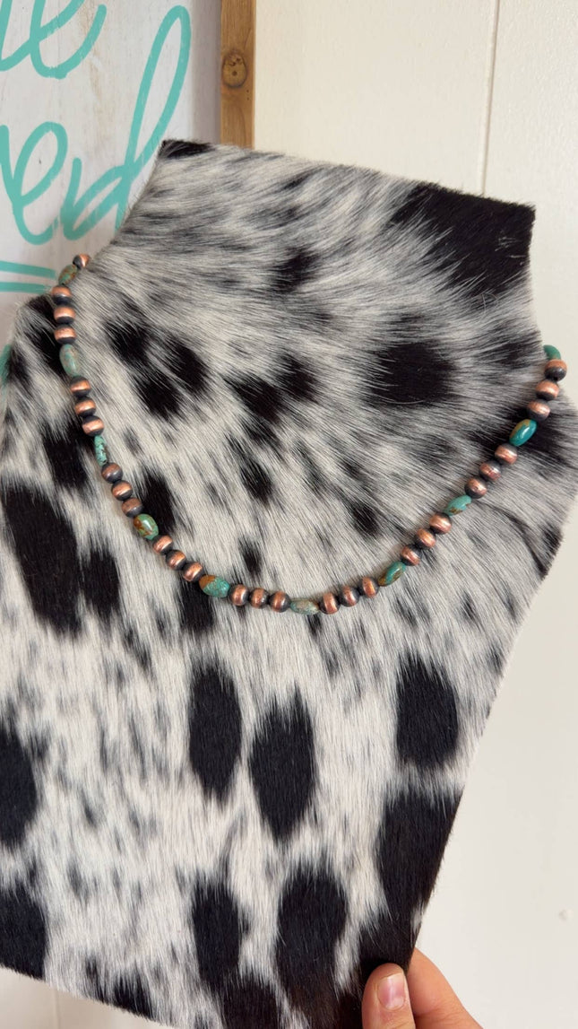24" 8mm Copper Pearls & Genuine Turquoise Necklace