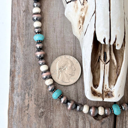 18" Western Style Turquoise Stone & Navajo Pearl Beads Necklace: Copper