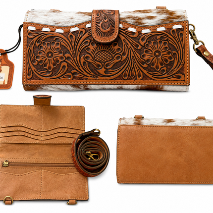 Tooled Leather with Hair on Hide Wristlet/Crossbody