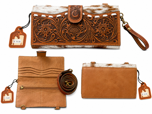 Tooled Leather with Hair on Hide Wristlet/Crossbody