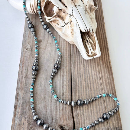 36" Western Navajo Pearl & Turquoise Stone Bead Long Necklace: Copper