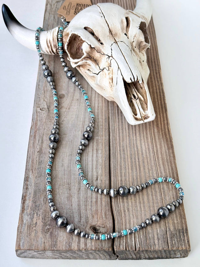 36" Western Navajo Pearl & Turquoise Stone Bead Long Necklace: Copper