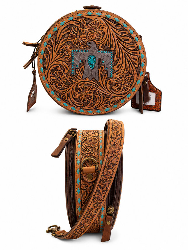 Tooled Leather Canteen Purse: Thunderbird