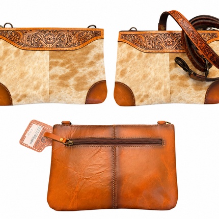 Leather Purse with Tooling and Hair On Hide: Brown