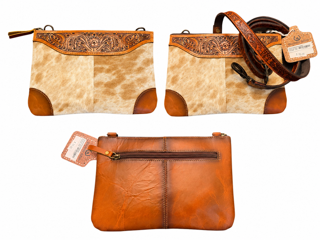 Leather Purse with Tooling and Hair On Hide: Brown