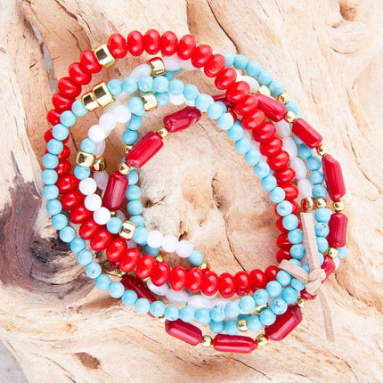 Guadalupe Blue Turquoise and Coral Golden Stretch Bracelet Set
