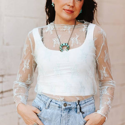 Light Blue Lace Long Sleeve Stretch Top: S-L