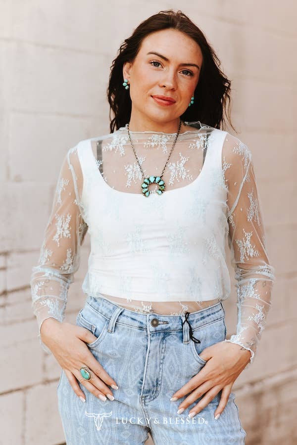 Light Blue Lace Long Sleeve Stretch Top: S-L
