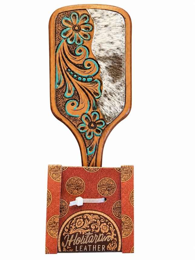 Leather Tooled & Cowhide Hairbrush