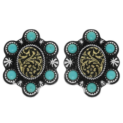 Western Turquoise Engraved Concho Stud Earrings: Gold