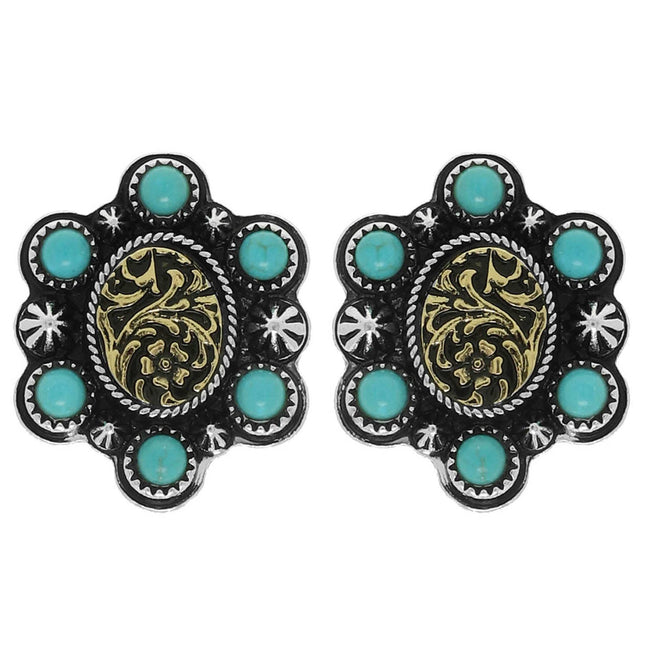 Western Turquoise Engraved Concho Stud Earrings: Gold