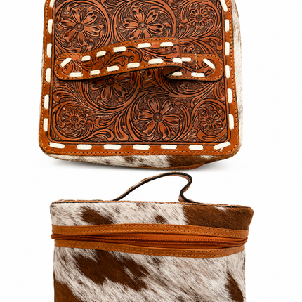 Square Tooled Leather with Cowhide Makeup Case: Brown