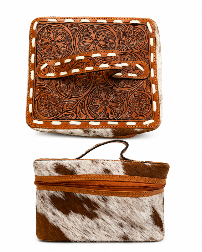 Square Tooled Leather with Cowhide Makeup Case: Brown