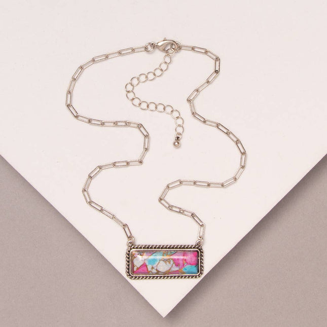18" Western Marbled Colored Turquoise Rectangle Pendant Necklace: Pink