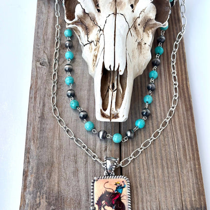 18" 2 Layered Navajo Pearl Turquoise Stone Pendant Necklace: Rodeo