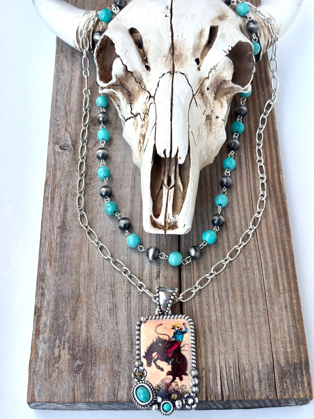 18" 2 Layered Navajo Pearl Turquoise Stone Pendant Necklace: Rodeo