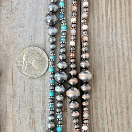 36" Western Navajo Pearl & Turquoise Stone Bead Long Necklace: Copper