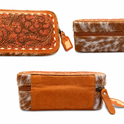 Tooled Leather with Hair on Hide Jewelry Case: Brown