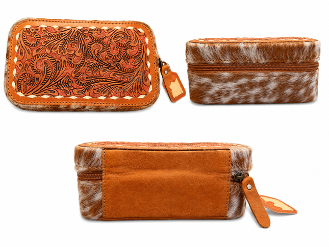 Tooled Leather with Hair on Hide Jewelry Case: Brown