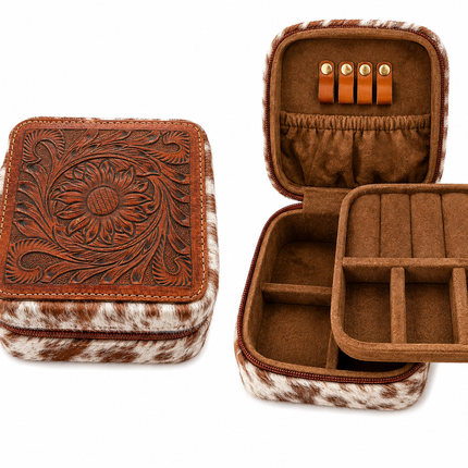 Square Leather Tooled Jewelry Box: Sunflower
