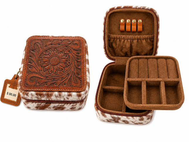 Square Leather Tooled Jewelry Box: Sunflower
