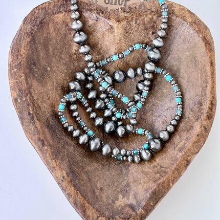 36" Western Navajo Pearl & Turquoise Stone Bead Long Necklace: Copper