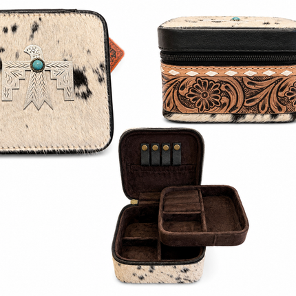 Square Thunderbird Hair on Hide Jewelry Case: Tooled