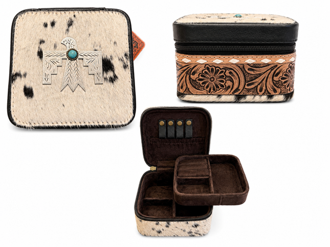 Square Thunderbird Hair on Hide Jewelry Case: Tooled