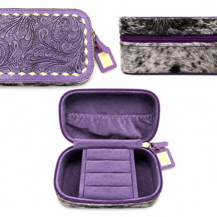 Tooled Leather with Hair on Hide Jewelry Case: Purple