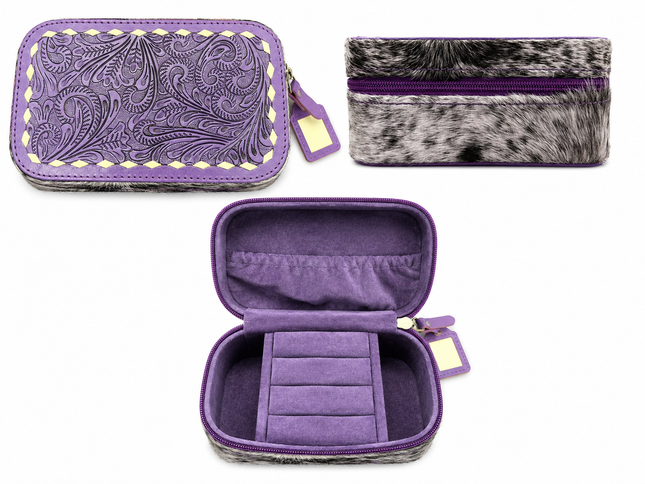 Tooled Leather with Hair on Hide Jewelry Case: Purple