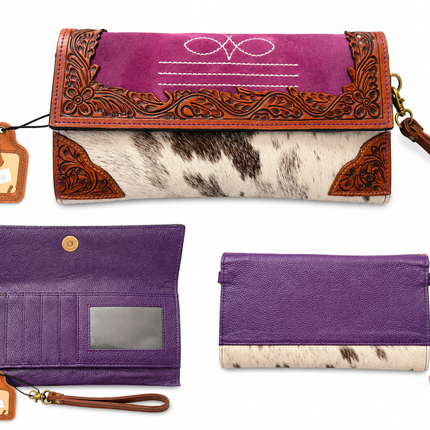 Leather Hair on Hide with Boot Stitch Wristlet: Purple