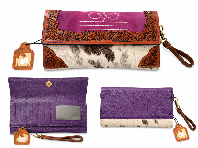 Leather Hair on Hide with Boot Stitch Wristlet: Purple
