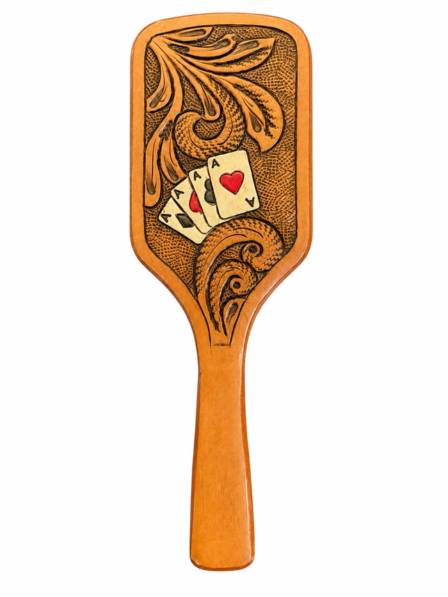 Leather Tooled Hairbrush: Aces Wild