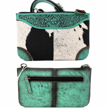 Leather Tooled with Hair On Hide Purse: Turquoise