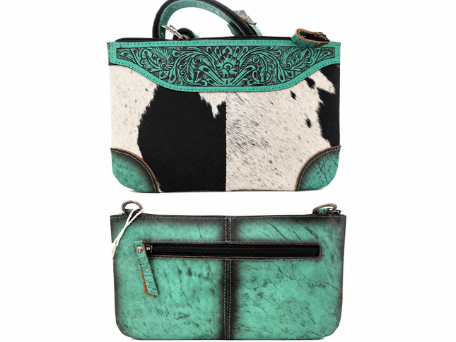 Leather Tooled with Hair On Hide Purse: Turquoise