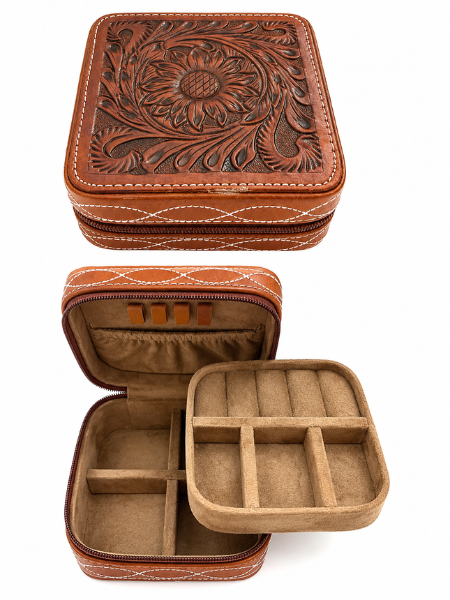 Leather Tooled Square Jewelry Box