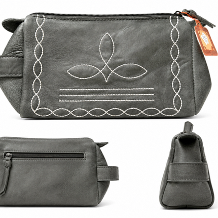 Leather Toiletry Bag with Boot Stitch: Charcoal