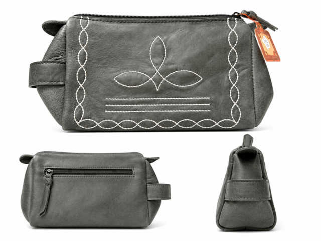 Leather Toiletry Bag with Boot Stitch: Charcoal